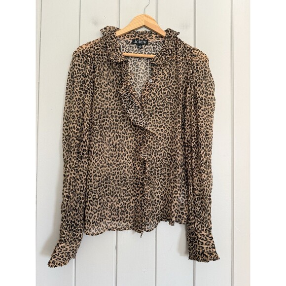 J. Crew Ruffle Button-Up Shirt 6 Leopard-Print Crinkle Chiffon CF437 Sheer - Picture 1 of 7